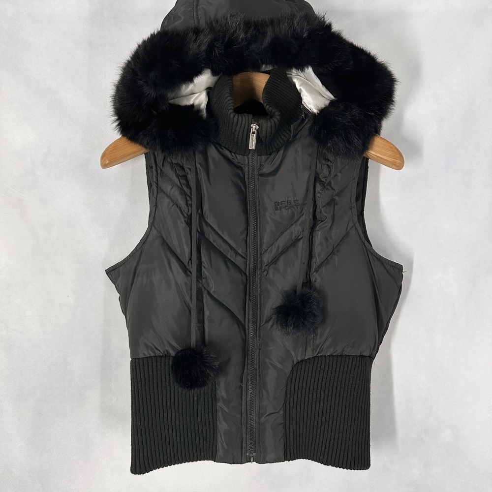 Y2K Bebe Sport Fitted Black Down Faux Fur Hooded Puffer Vest Women's Size Large